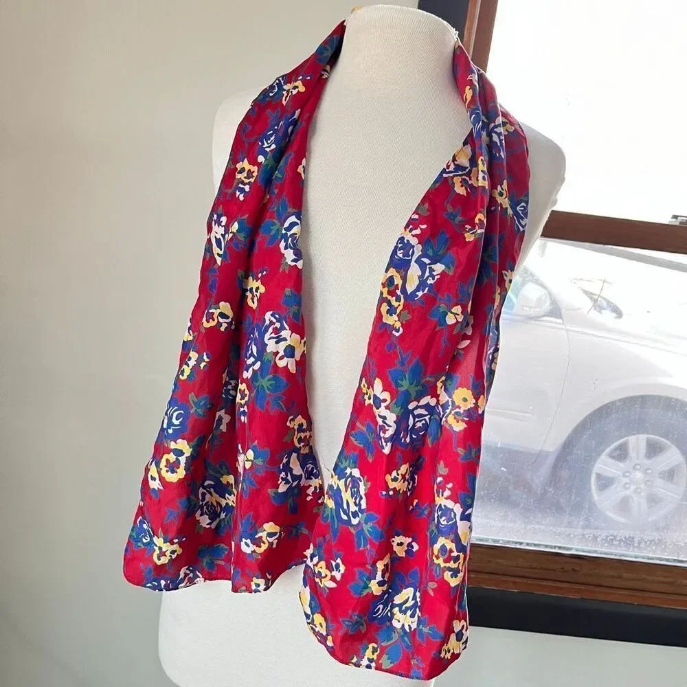 VTG Floral Silk Scarf Red Blue Yellow Long Skinny 11” x 54”